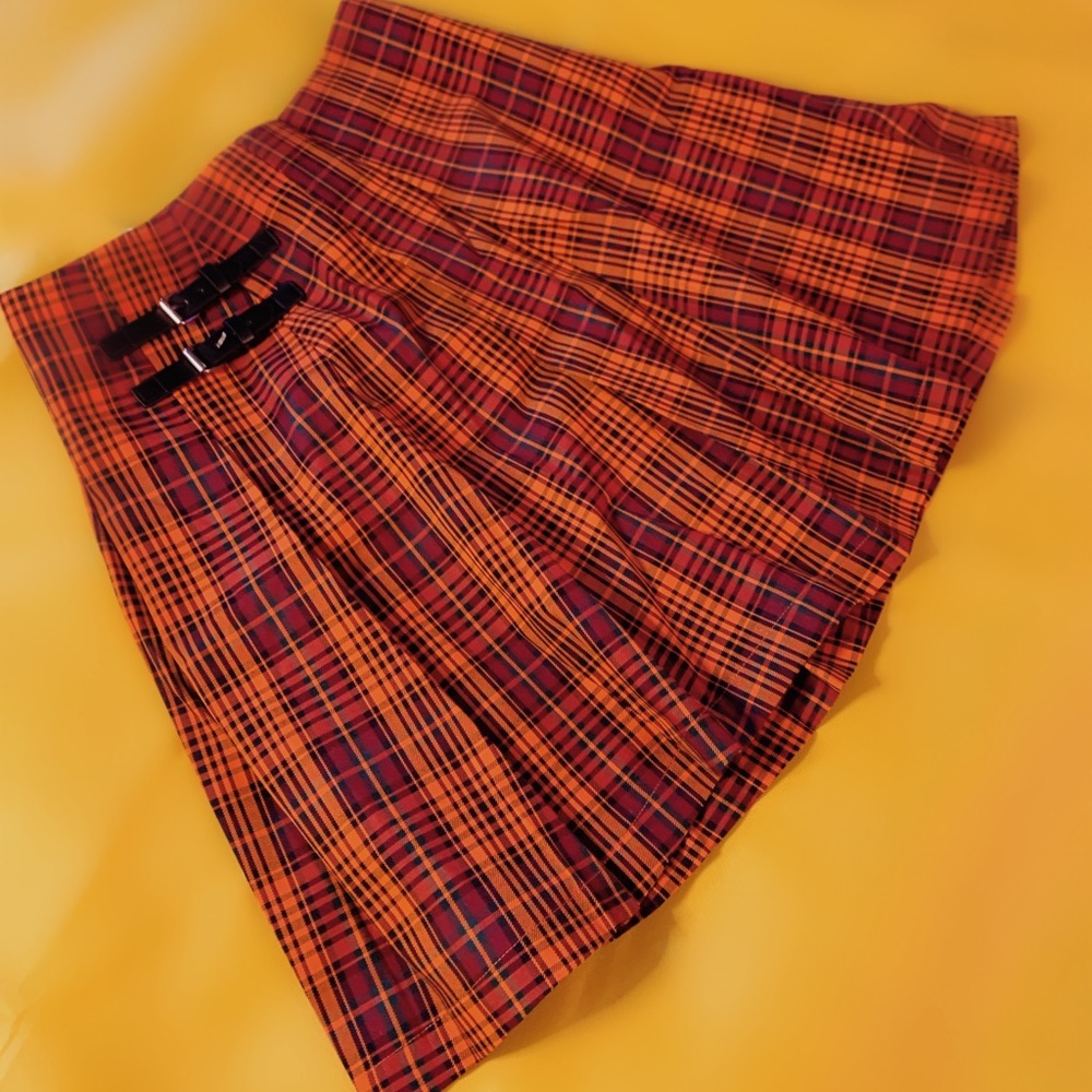SHEIN Tartan Pleated Mini Skirt  - Orange